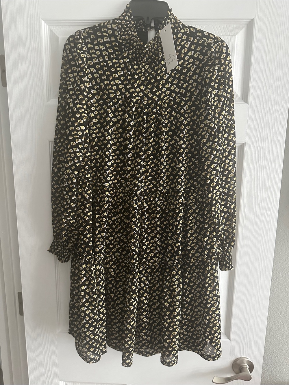 Long Sleeve Black and Gold Printed Tiered Dress
